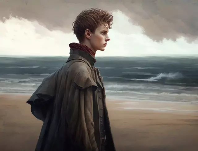 Молодой человек стоит на песчаном берегу моря и смотрит вдаль. Нейросе