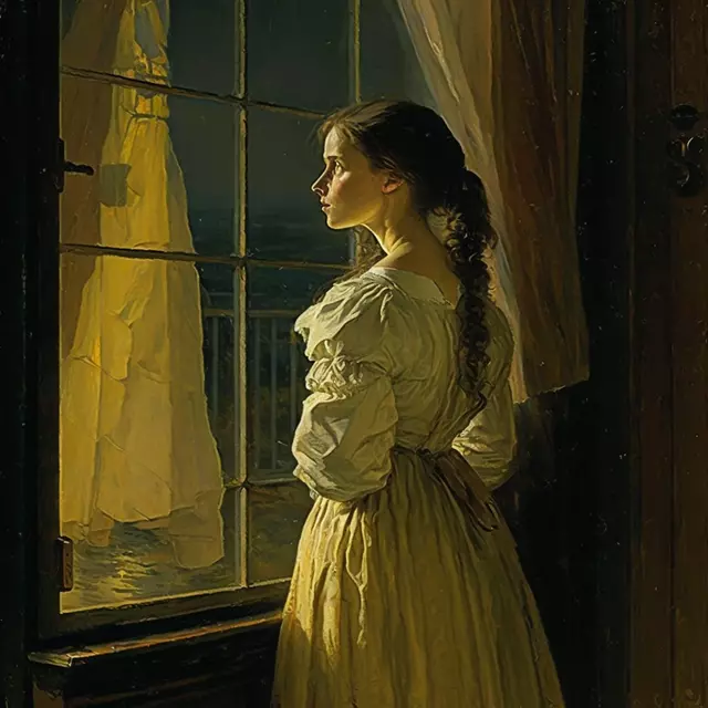 Вечер, девушка стоит у окна, конец XIX века. Нейросеть Midjourney.