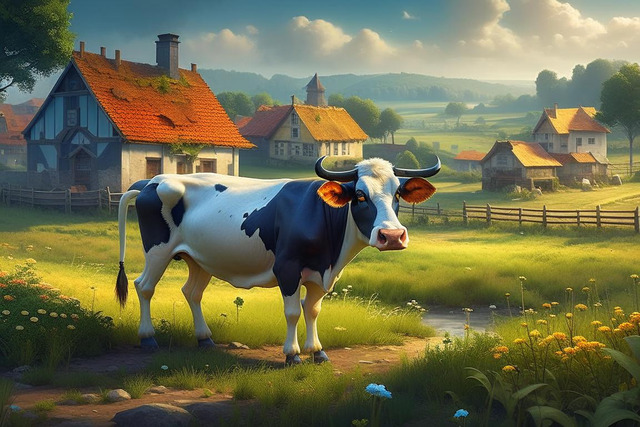 Корова на фоне деревни. Kandinsky 2.2.