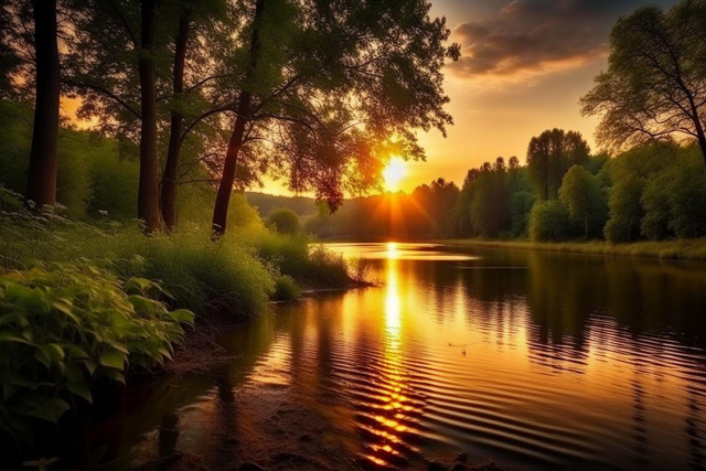 Река, лес, лето, закат. Фото снято на фотоаппарат Canon.