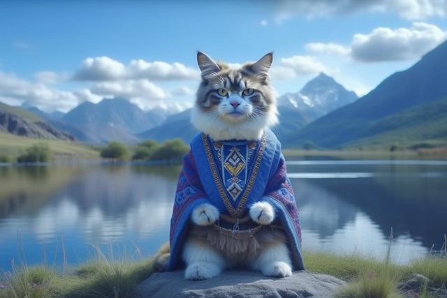 Кот в одежде тибетского ламы медитирует, на заднем плане тибетские гор