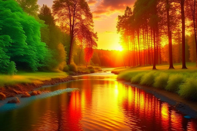 Река, лес, лето, закат. Kandinsky 2.2.