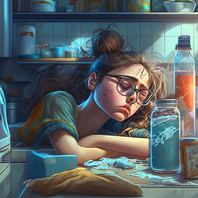 Девочка подросток в очках спит за кухонным столом. Kandinsky 2.1.