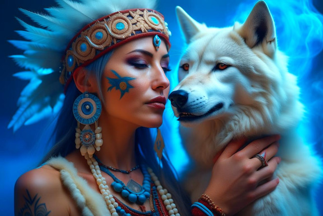 Девушка шаман обнимает белого волка