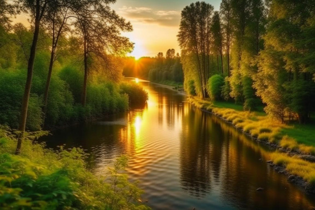 Река, лес, лето, закат. Фото снято на фотоаппарат Olympus.