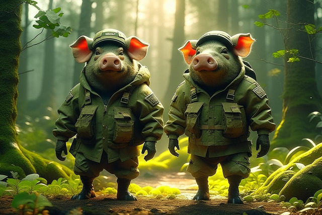 Две свиньи в камуфляжных куртках в лесу. Приглушенное освещение.
