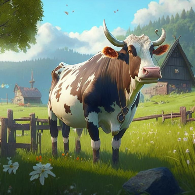 Корова на фоне деревни. Kandinsky 2.1.
