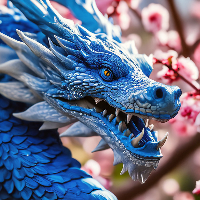 Голубой дракон на фоне сакуры. Нейросеть Шедеврум.