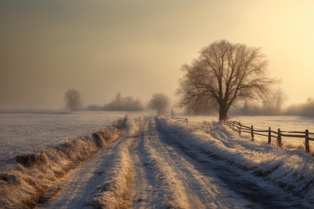 Начало зимы, деревенский пейзаж. Нейросеть Kandinsky 3.0.