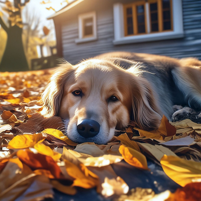 Грустный пёс возле дома, опавшие листья. Версия v.1.