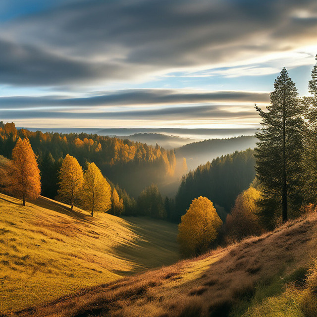 Осень, лес, вид с холма. Нейросеть Шедеврум.