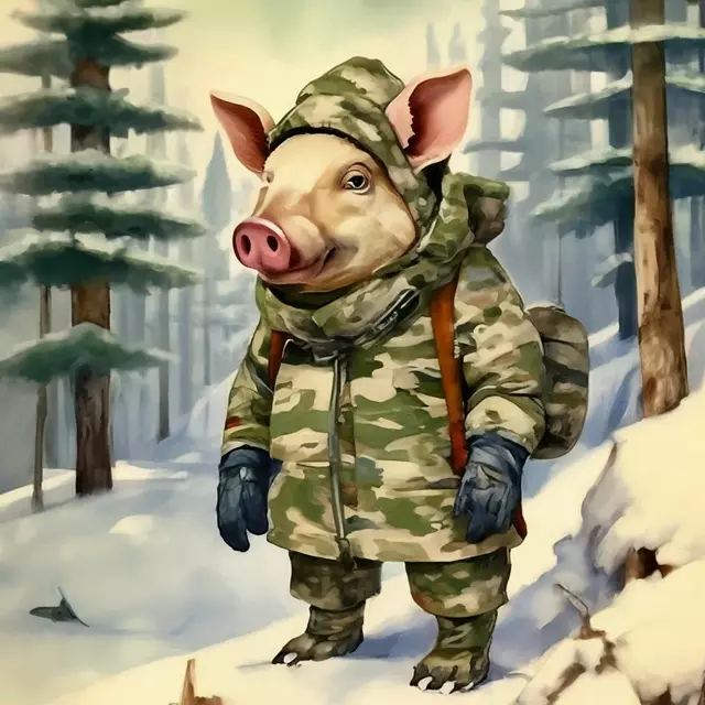 Свин военначальник в зимнем хвойном лесу. Нейросеть Шедеврум.