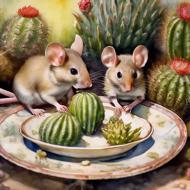Мыши едят кактус. Нейросеть Шедеврум.