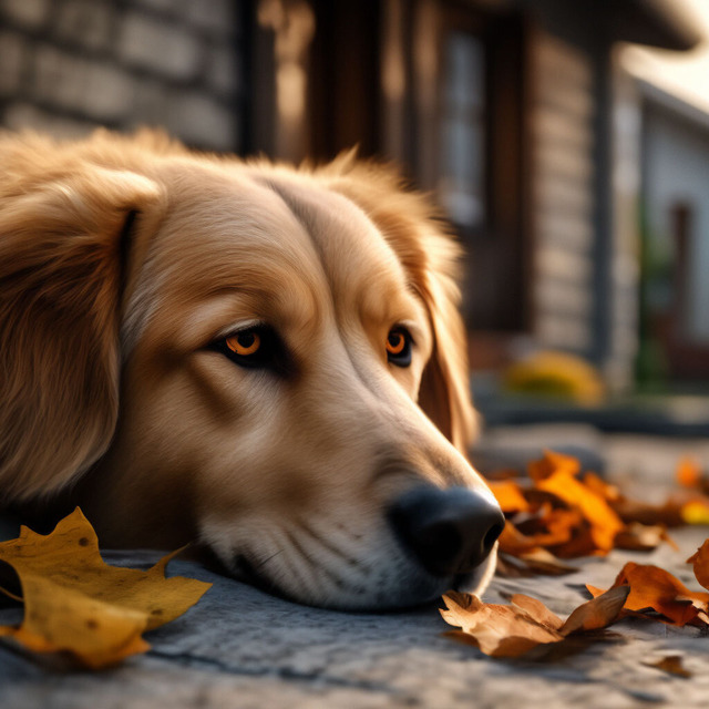 Грустный пёс возле дома, опавшие листья. Версия v.2.