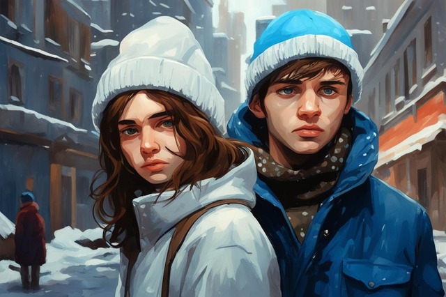Молодой человек и девушка на улице российского города. Kandinsky 3.0.